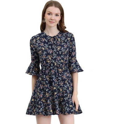 Allegra K Women's Floral Tie Keyhole Neck Bell Sleeves Ruffle Dress ...
