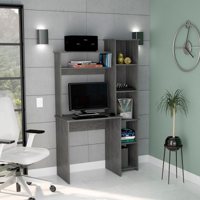 Anybear Smokey Oak Wood Office Desk with Storage Shelves