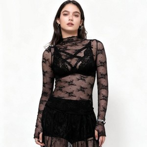 Women’s Floral Lace Slim-Fit Top – Sheer Stretch Tee with Baby Overlock Edge, Versatile Cherie Code - 1 of 4