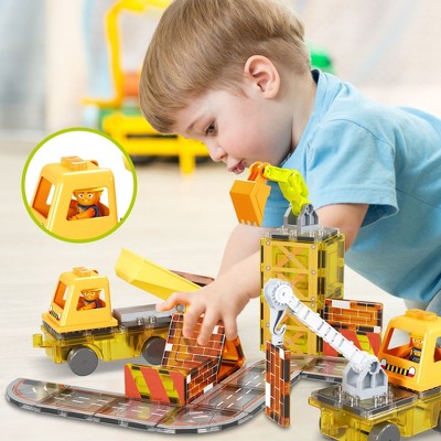 PICASSO-TILES 50 pc 5-in-1 Magnetic Tiles, Construction Theme Building Blocks Set, STEM Educational Toy for Kids