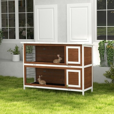 2-Story Outdoor Wooden Rabbit Hutch,54'' Bunny Cage with Waterproof Roof and Lockable Doors-LAOTIES
