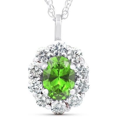 Pompeii3 1 3/4ct Oval Peridot & Genuine Diamond Halo Pendant 14K White Gold