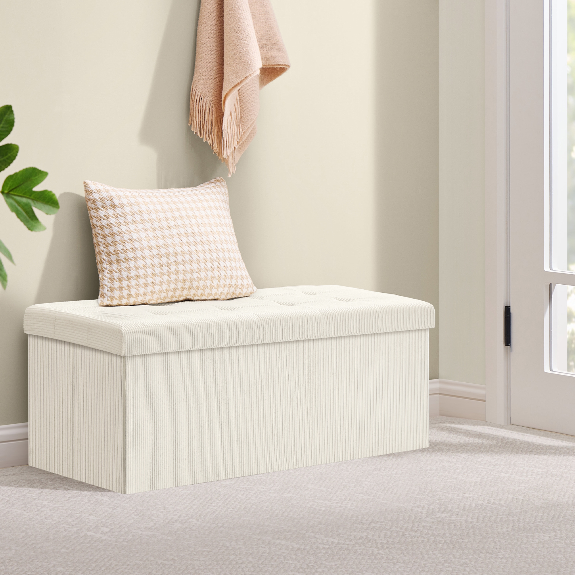 Corduroy Storage Ottoman Bench - 43" Foldable Footrest with 660lb Capacity, 35-Gallon Storage & Organizers, Multi-Functional, Cream White