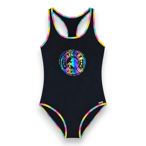 XOXO Big Girls' One-Piece Foil Print Racer Back Bikini Swimsuit, Black/Unicorn Squad, 8/10