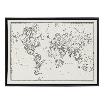 Vintage Black and White World Map Framed Canvas Art, 28x38