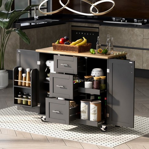 Kitchen Island, Rolling Storage Cabinet with 3 Drawers, Rubber Wood Top, Spice Rack, 2 Slide-Out Shelf - image 1 of 4