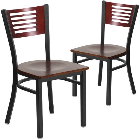 Emma and Oliver 2 Pack Black Slat Back Metal Restaurant Chair Mahogany Wood Back Seat