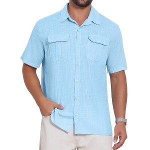 INSPIRE CHIC Men's Solid Short Sleeve Button Down Chest Pockets Linen Shirt - 1 of 4