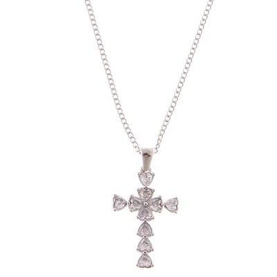 Anna-Kaci Silver Tone Cross Pendant Necklace with Heart-Shaped Gemstone Accents - Silver
