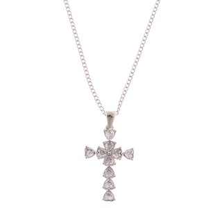 Anna-Kaci Silver Tone Cross Pendant Necklace with Heart-Shaped Gemstone Accents - Silver - 1 of 4