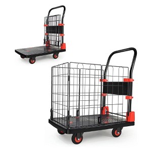 NAYSAYE Foldable Hand Truck Cart 330lbs Capacity Platform Dolly with Basket Cage for Easy Material Transport, Black and Red, 19.1"*33.9"*29.7" - 1 of 4