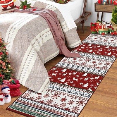 Christmas Washable Area Rug, Non Slip Low Pile Holiday Living Room Bedroom Carpet with Rubber Backing Accent Rug, Red