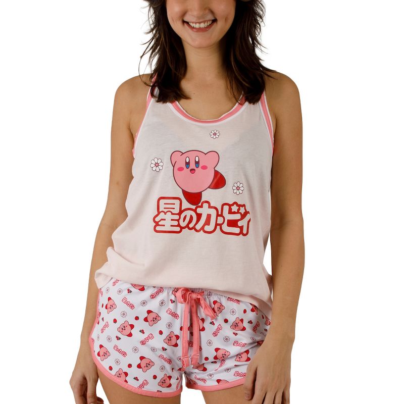 Kirby Daisies & Kanji Logo Women's Racer Back Tank Top & Dolphin Lounge Shorts Sleepwear Set, 1 of 6