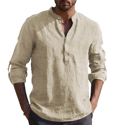 COOFANDY Men's Casual Beach Cotton Linen Henley T-Shirts Khaki M