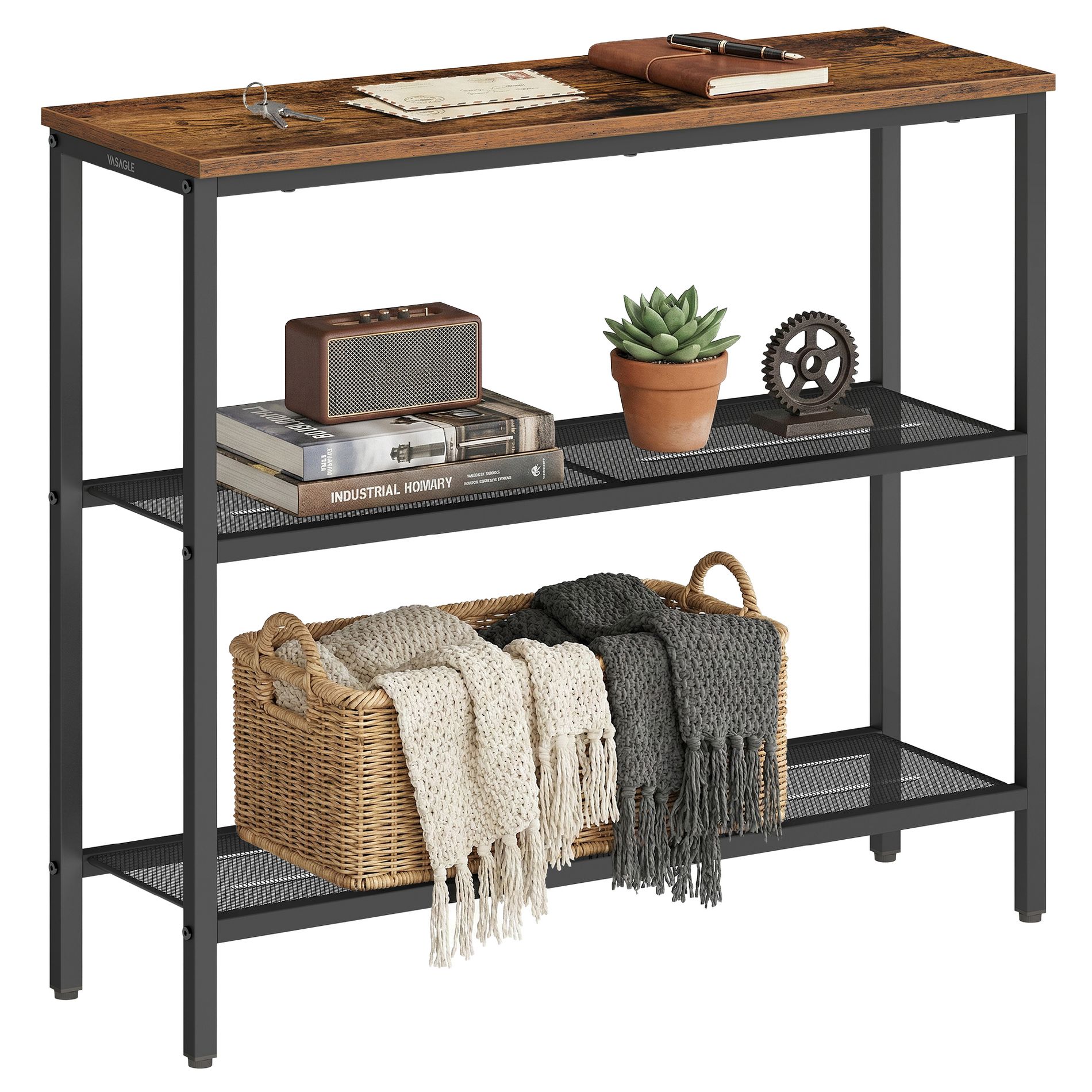 VASAGLE Console Table, Entryway Table, One Piece Top, Easy Assembly, 3 Tier, 9.4 x 31.5 x 32 Inches, Rustic Brown and Ink Black