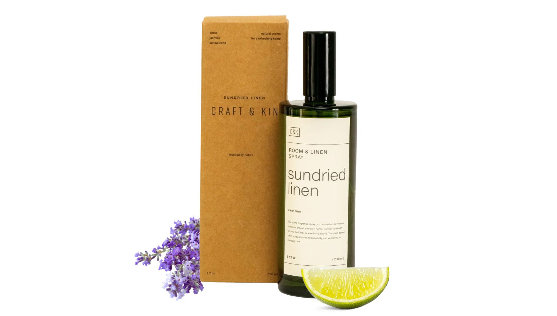 Craft & Kin Room Spray Sundried Linen Scent With Green Spray Nozzle Bottle