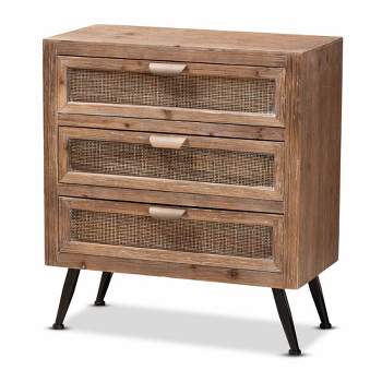 Calida Wood and Rattan 3 Drawer Storage Cabinet Brown - Baxton Studio