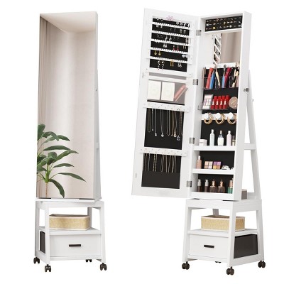 360° Swivel Jewelry Armoire with Storage Shelf and Drawer, 66 Inch High Full-Length Mirror, Floor Standing Jewelry Organizer Cabinet with Wheels