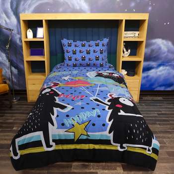 PiccoCasa Kids Microfiber All-season Monster Pattern Bedroom Comforter Sets 4 Pcs Twin Navy Black