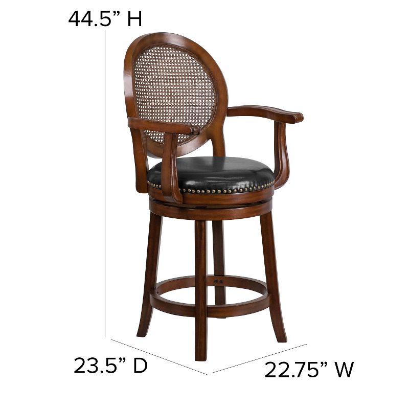 Flash Furniture 26'' High Expresso Wood Counter Height Stool with Arms, Woven Rattan Back and Black LeatherSoft Swivel Seat, 5 of 12