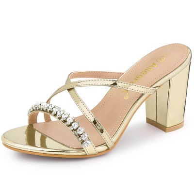 Allegra K Women's Crisscross Strap Rhinestone Block Heel Slide Sandals