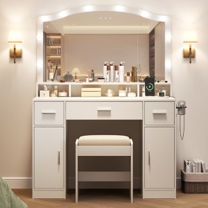 COZONY Vanity Desk with Mirror & Lights - Makeup Vanity Table Set with Stool, 3 Drawers, Cabinets & Charging Station - 1 of 4