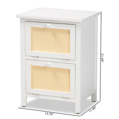 Sariah Mid-Century Rattan Accented 2-Drawer Nightstand - White