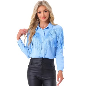 INSPIRE CHIC Women's Fringe Long Sleeve Button Down Disco Party Shirts - 1 of 4