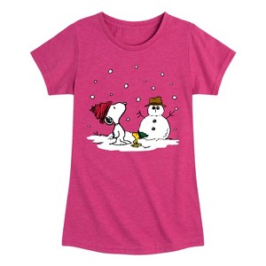 Girls' - Peanuts - Snoopy Woodstock Snowman Fitted Short Sleeve Graphic T-Shirt - 1 of 4