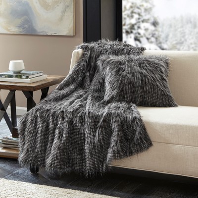 Black Faux Fur 20" Square Throw Pillow