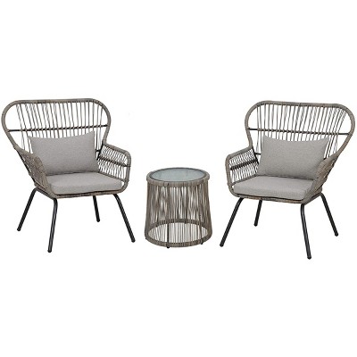 Barton 3PCS Outdoor Patio Wicker Chat Conversation Bistro Chairs and Side Table with Cushion Seat, Light Grey/Beige