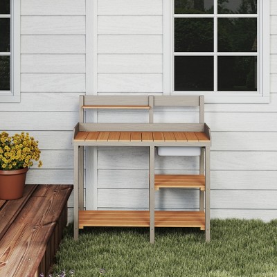 VASIP Outdoor Potting Bench, Solid Wood Foldable Garden Bench with Open Shelves for Patio, Garden, Backyard
