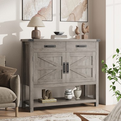 35.4 InchFarmhouse Entryway Table with 2-Door Cabinet & 2 Drawers, Wood Console Table with Storage, Coffee Bar Cabinet-Grey