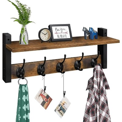 LunaLulinlk Coat Rack Shelf Wall Mounted 17 ", Entryway Coat Hanger with 5 Hooks, Hat Rack for Bedroom, Bathroom, Rustic Brown
