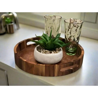 Acacia Wood 15 Inch Round Serving Tray with Handles