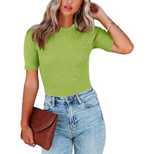 Coolmee Women's Casual Cropped Tops Sweater Knit Basic Going Out Slim Fit Short Sleeve Crew Neck Tight T Shirts - 1 of 3