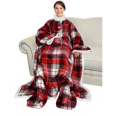 Catalonia Adult Fleece Wearable Blanket with Sleeves & Foot Pockets, Snuggle Wrap Sleeved Flannel Throw Blanket Robe, Warm Gifts Idea for Her Him