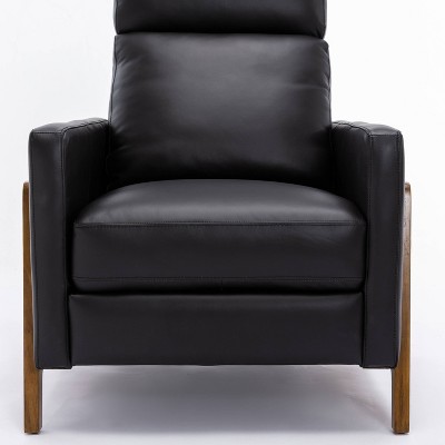 Reed Black Leather and Wood Push Back Recliner