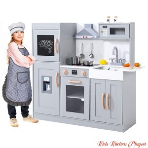 Kids Kitchen Playset, Wooden Chef Pretend Play Set w/ 20 PCS Cookware Accessories, Wooden Cookware Pretend w/ Ice Maker - 1 of 4