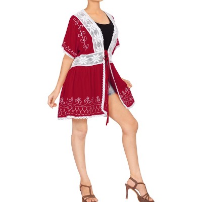 LA LEELA Women's Open Front Summer Vacation Beachwear Mini Bathing Suit Duster Solid Loose Holiday Swimwear Coverups Beach Top L-XL Red, Solid