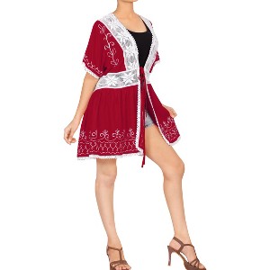 LA LEELA Women's Open Front Summer Vacation Beachwear Mini Bathing Suit Duster Solid Loose Holiday Swimwear Coverups Beach Top L-XL Red, Solid - 1 of 4