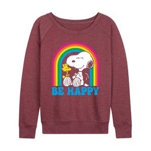 Women's - Peanuts - Be Happy Rainbow Lightweight French Terry Wide Neck Long Sleeve Graphic Shirt - 1 of 4