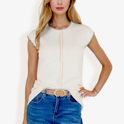 Anna-Kaci Women's Cap Sleeve Knit Sweater With Contrast Trim Stitching