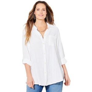 Catherines Women's Plus Size Anywear Pucker Cotton Buttonfront Roll Tab Shirt - 1 of 4