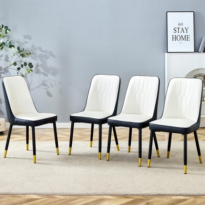 MAYEERTY Set of 4 Modern Two-Tone PU Dining Chairs - White/Black, Black Legs with Gold Accent