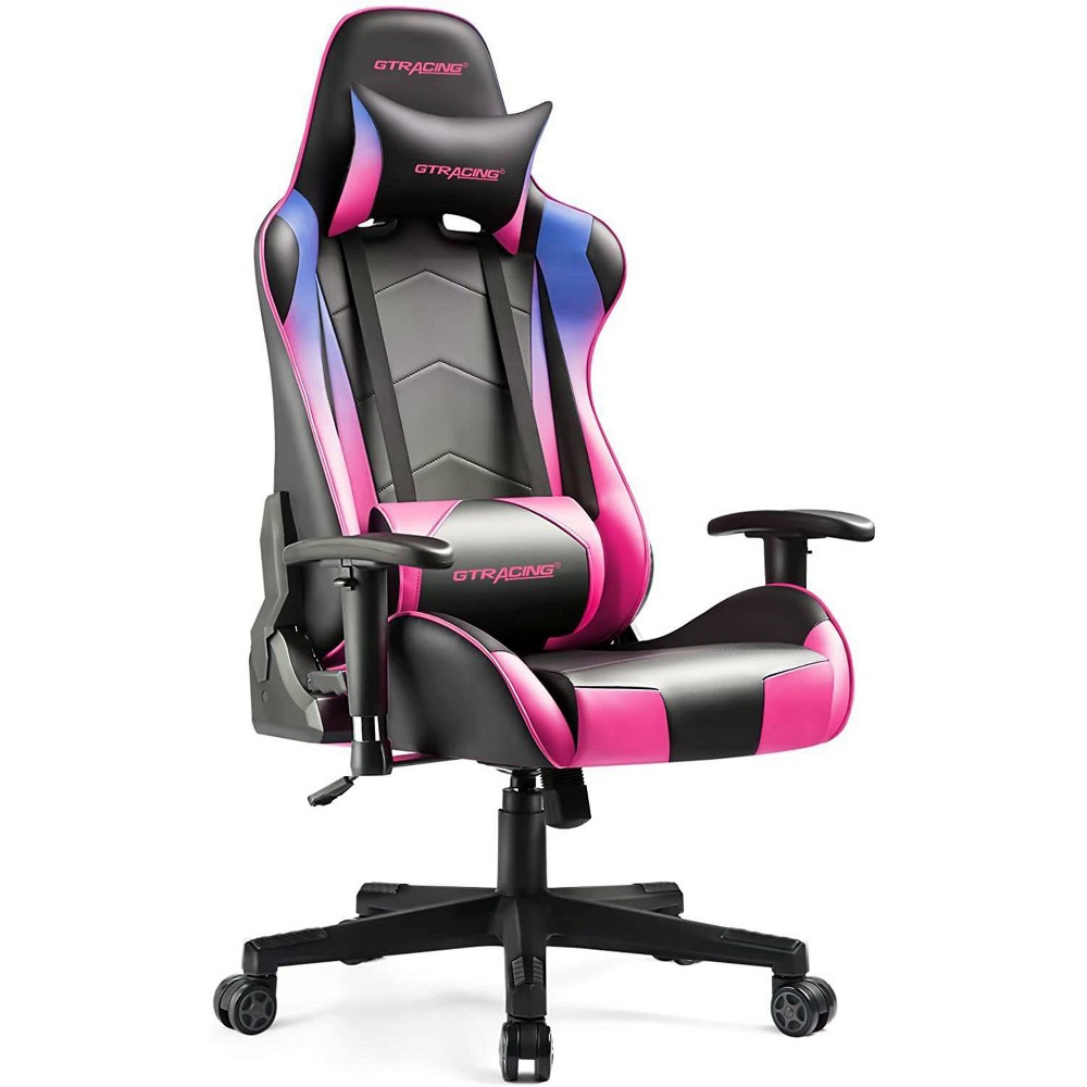 Gaming Office Chair PU Leather with Adjustable Headrest and Lumbar Pillow Pink/Purple - GTRACING: Ergonomic, Reclining, Metal Frame