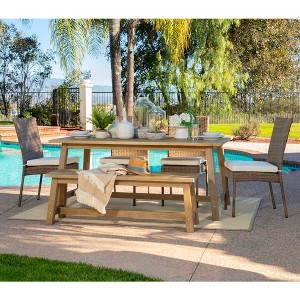 Coaster Sierra Natural 6 Piece Eucalyptus Wooden Rectangular Outdoor Patio and Deck Dining Set with 4 Chairs, Bench, Table, and 4 White Seat Cushions - 1 of 4