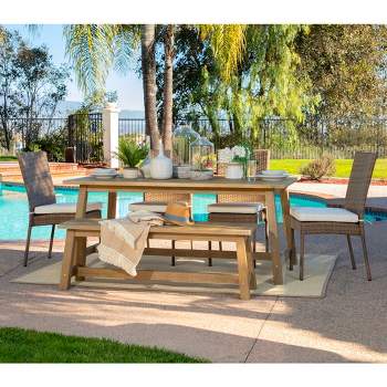 Coaster Sierra Natural 6 Piece Eucalyptus Wooden Rectangular Outdoor Patio and Deck Dining Set with 4 Chairs, Bench, Table, and 4 White Seat Cushions