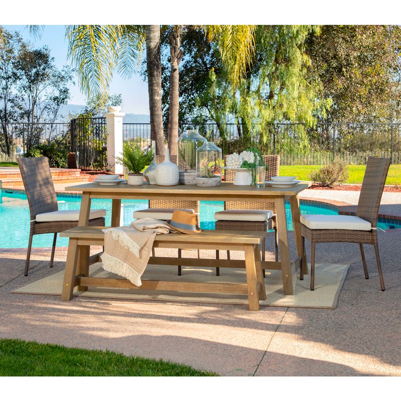 Coaster Sierra Natural 6 Piece Eucalyptus Wooden Rectangular Outdoor Patio and Deck Dining Set with 4 Chairs, Bench, Table, and 4 White Seat Cushions, 1 of 7