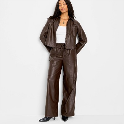 Women's Mid-Rise Wide Leg Faux Leather Pull-On Pants - Future Collective Brown